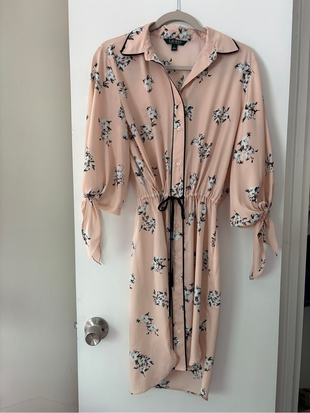 Ralph Lauren Blush Floral Midi Shirt Dress with Black Trim